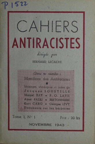 Cahiers Anti-Racistes Vol.1 N°1 (Nov 1943)